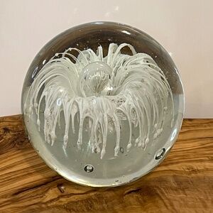 White Flower Clear Art Glass Heavy Paperweight Heavy Large Bubble Center